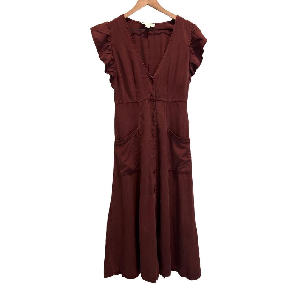 NWT Treasure And Bond Dress Womens XS Brown Midi Button Down Pockets Cottagecore